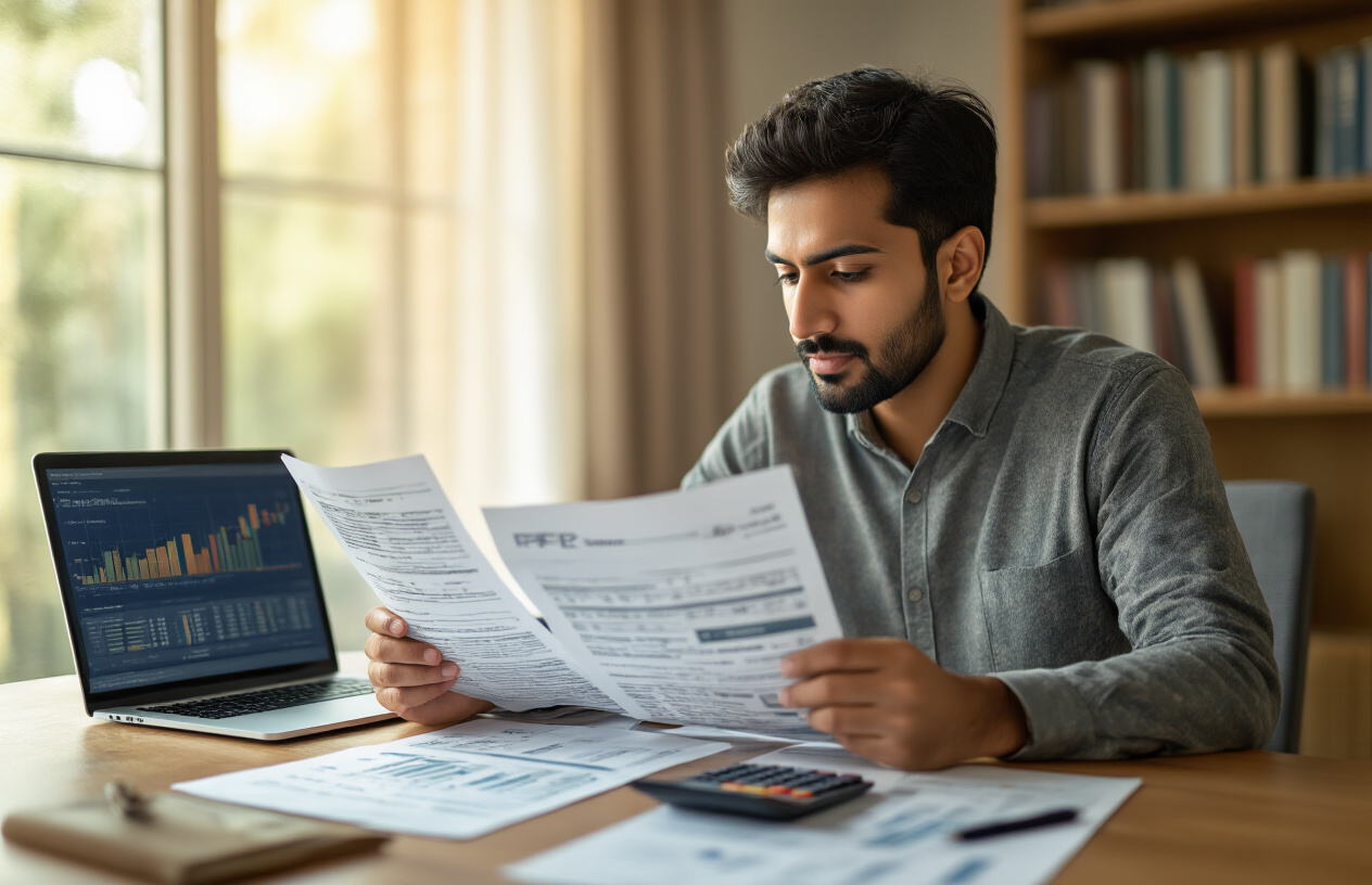 Create a realistic image of a South Asian male in his 30s sitting at a modern wooden desk, thoughtfully comparing financial documents with PPF and RD investment papers spread out in front of him, a calculator and pen nearby, with a laptop displaying financial charts in the background, warm natural lighting from a window creating a professional yet comfortable atmosphere, the man appearing confident and satisfied as if having made a well-informed financial decision, with a bookshelf containing financial books visible in the blurred background, absolutely NO text should be in the scene.