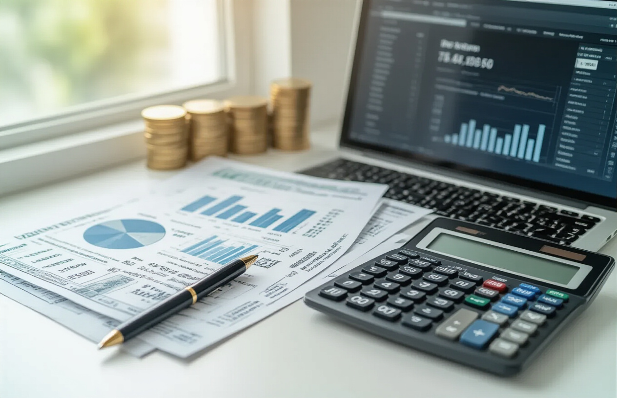 Create a realistic image of a modern office desk with financial documents and charts showing investment limits and tax calculations, a calculator displaying numbers, Indian rupee currency notes neatly arranged, a PPF (Public Provident Fund) passbook or account statement, a pen lying nearby, and a laptop screen showing a tax savings calculator interface, all set against a clean white desk surface with soft natural lighting from a window, creating a professional and organized financial planning atmosphere, absolutely NO text should be in the scene.