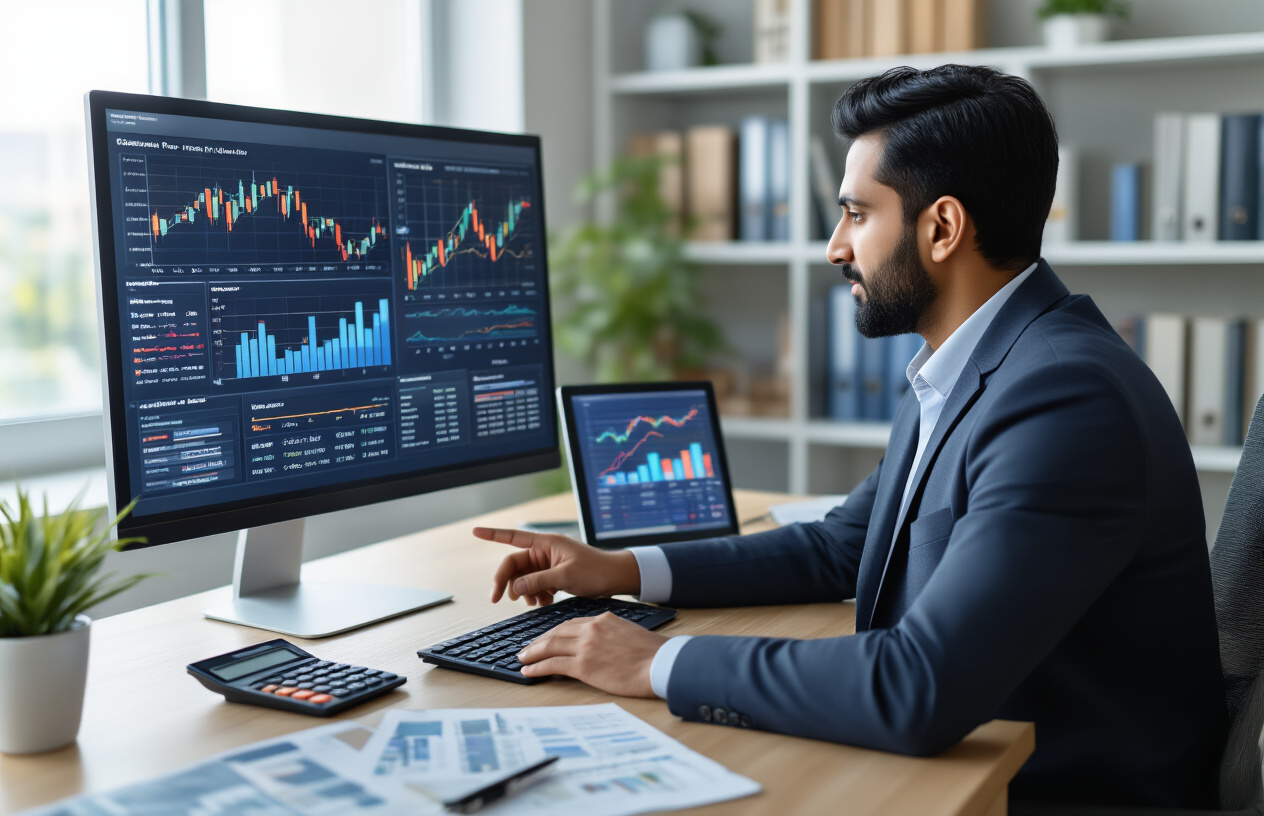 Create a realistic image of a professional South Asian male financial advisor in his 30s sitting at a modern office desk, pointing to a large digital monitor displaying colorful financial charts, graphs, and investment portfolio analytics with upward trending arrows, surrounded by calculators, financial documents, and a tablet showing investment data, with a clean contemporary office background featuring bookshelves with financial books, natural lighting from a window, conveying a focused and strategic financial planning atmosphere, Absolutely NO text should be in the scene.