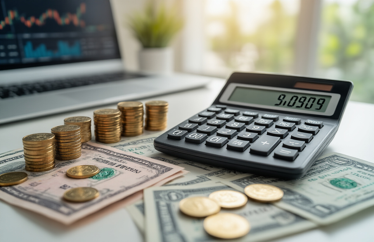 Create a realistic image of a modern financial calculator displaying percentage numbers, surrounded by Indian rupee currency notes and coins, with a clean white desk surface, soft natural lighting from a window, a sleek laptop partially visible in the background showing financial charts, and a professional workspace atmosphere conveying investment planning and returns calculation, absolutely NO text should be in the scene.