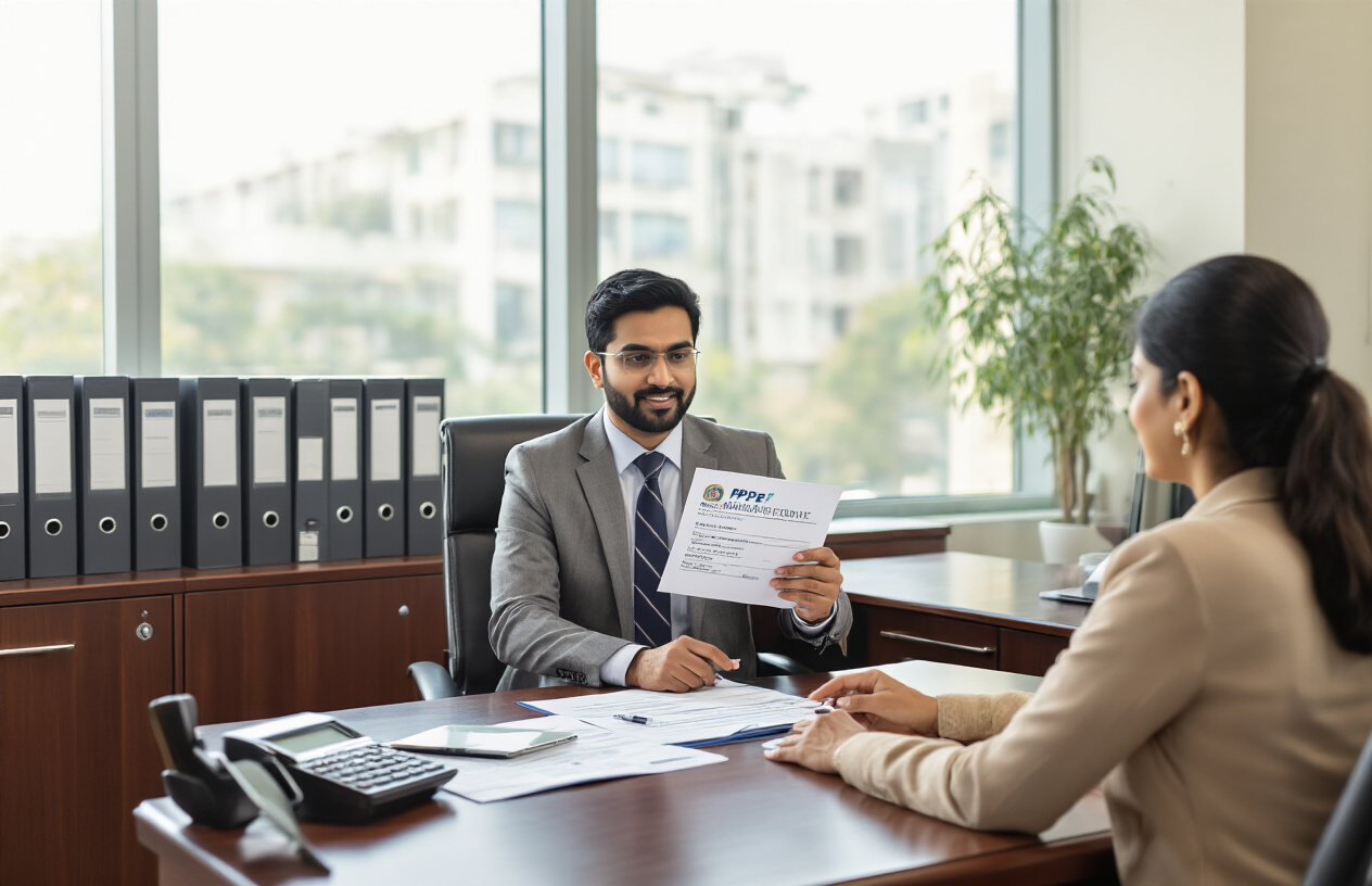 Create a realistic image of a clean, modern bank office interior with a mahogany desk displaying official PPF account documents, eligibility forms, and a calculator, with a professional South Asian male banker in formal attire sitting behind the desk explaining account features to a middle-aged Indian female client, soft natural lighting from large windows, organized filing cabinets in the background, and a calm, trustworthy business atmosphere. Absolutely NO text should be in the scene.