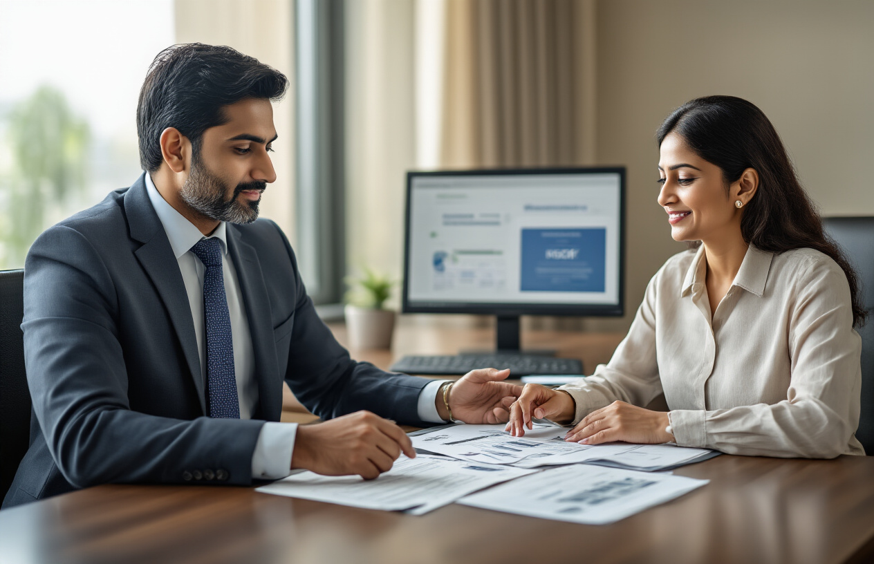 Create a realistic image of a professional Indian male banker in formal attire sitting at a modern office desk, guiding a middle-aged Indian female client through PPF account opening process, with official bank documents and forms spread on the desk, a computer screen showing banking interface, elegant bank interior with soft natural lighting from windows, professional and trustworthy atmosphere, focus on financial consultation and account management services, absolutely NO text should be in the scene.