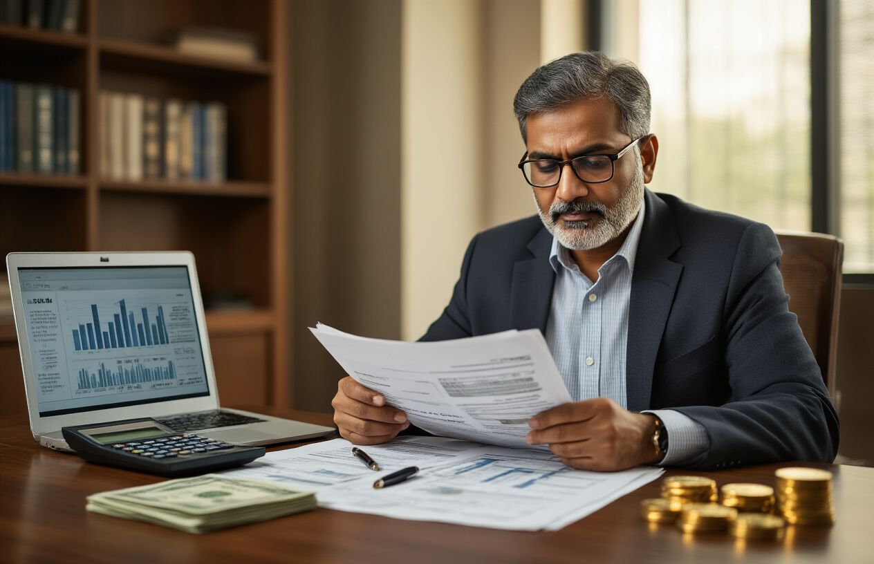 Create a realistic image of a middle-aged Indian male in business attire sitting at a wooden desk reviewing financial documents and loan papers, with a calculator, pen, and PPF passbook visible on the desk, a laptop displaying financial charts in the background, warm office lighting creating a professional atmosphere, and a small stack of cash and gold coins on one side of the desk representing withdrawal benefits, in a modern office setting with bookshelves containing financial guides, absolutely NO text should be in the scene.