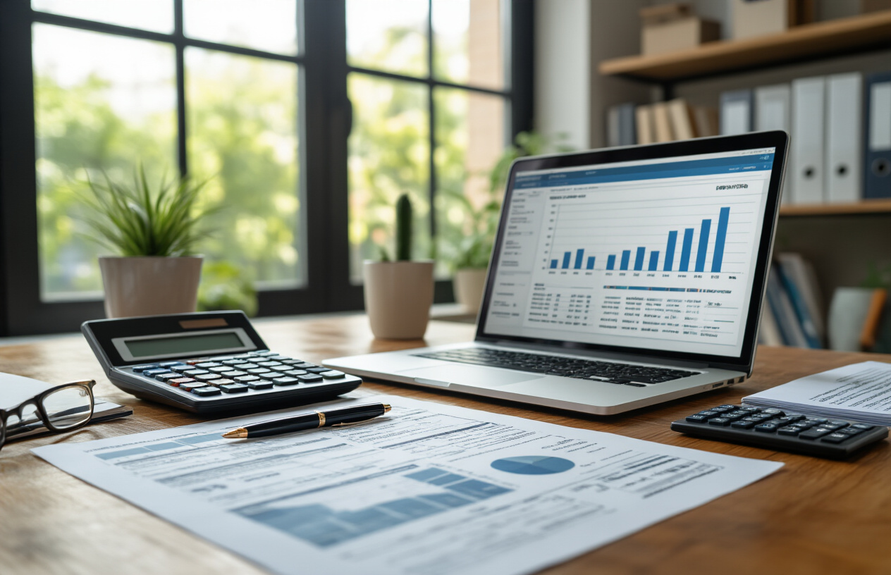 Create a realistic image of a professional office desk scene featuring organized financial documents, PPF account statements, tax compliance forms, and a calculator arranged neatly on a wooden desk surface, with a laptop computer displaying a spreadsheet in the background, complemented by a pen, reading glasses, and file folders, set in a well-lit modern office environment with natural daylight streaming through a window, creating a focused and professional atmosphere that conveys financial planning and account management activities, absolutely NO text should be in the scene.