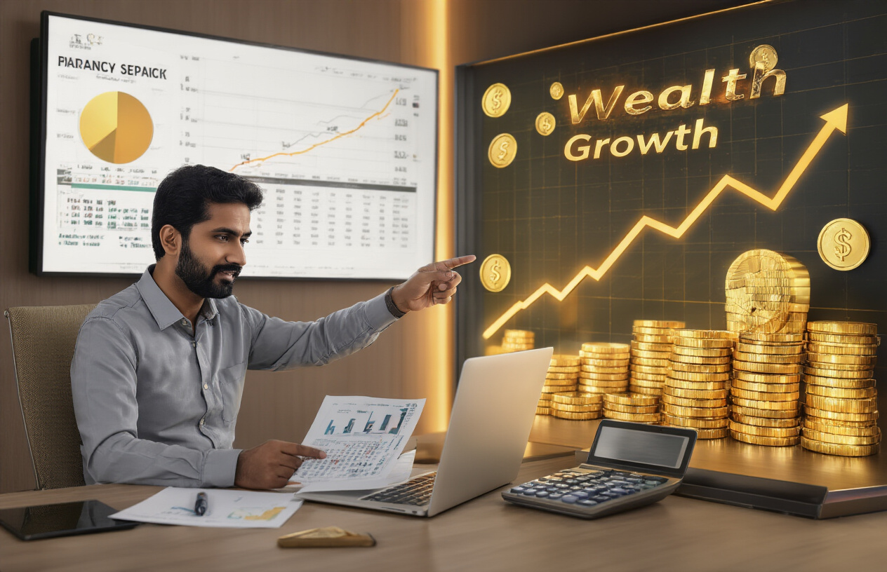 Create a realistic image of a sophisticated financial planning scene featuring a South Asian male financial advisor in his 40s sitting at a modern desk with a laptop, calculator, and PPF investment documents, while pointing to a large wall-mounted digital display showing an upward trending wealth growth chart with golden coins and currency notes subtly integrated into the background, set in a contemporary office environment with warm professional lighting that conveys prosperity and long-term financial success, absolutely NO text should be in the scene.