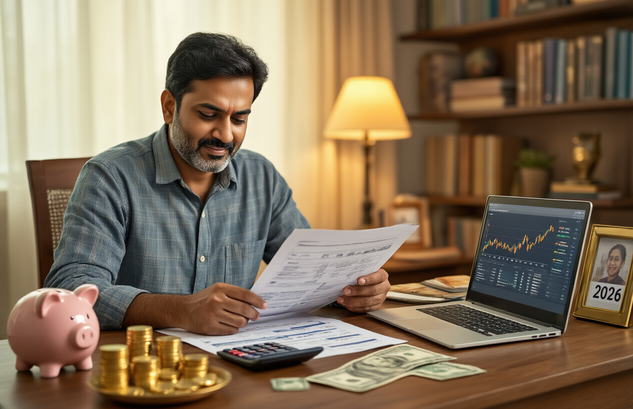 Create a realistic image of a modern Indian middle-class living room with a middle-aged South Asian male sitting at a wooden desk with financial documents, calculator, and laptop displaying investment charts, golden coins and currency notes scattered on the desk, a piggy bank and small safe in the background, warm ambient lighting from a table lamp creating a cozy atmosphere, bookshelves with financial planning books visible, a family photo on the side table, and a wall calendar showing 2026, conveying a sense of financial planning success and security, absolutely NO text should be in the scene.