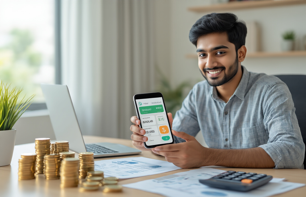 Create a realistic image of a young Indian male in his 20s sitting at a modern desk with a smartphone displaying a financial app interface, surrounded by Indian rupee coins stacked in small piles representing ₹100, a calculator, and investment-related documents, with a clean modern home office background featuring soft natural lighting from a window, conveying a focused and optimistic mood about starting small investments, absolutely NO text should be in the scene.