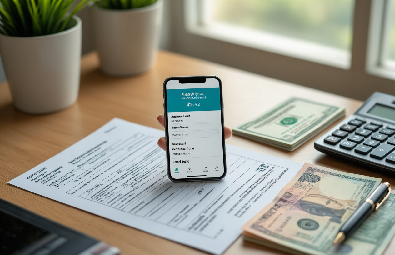 Create a realistic image of essential financial documents and items neatly arranged on a modern desk including a smartphone displaying a mobile banking app, Aadhaar card, PAN card, blank bank forms, a calculator, Indian rupee notes, and a pen, with a clean office background featuring soft natural lighting from a window, conveying a professional and organized mood for financial planning. Absolutely NO text should be in the scene.