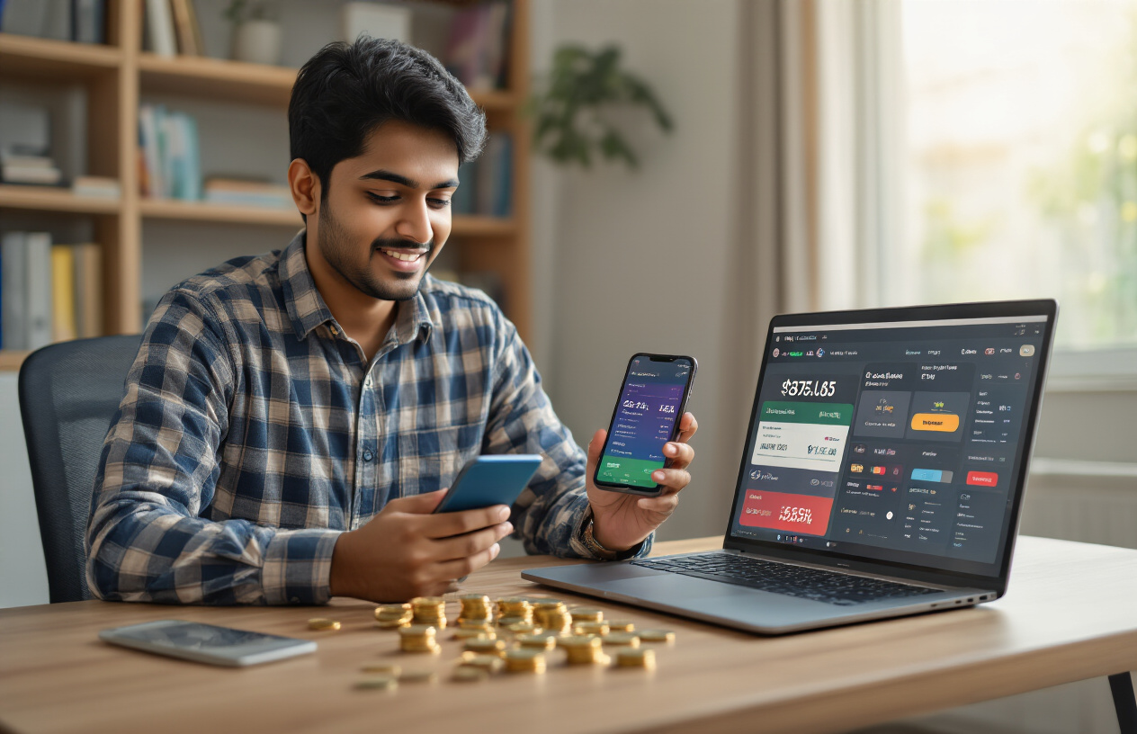 Create a realistic image of a young Indian male in his late 20s sitting at a modern desk with a smartphone and laptop open, displaying colorful financial app interfaces and investment platform screens, with small rupee coins scattered on the desk, warm natural lighting from a window, clean modern home office background with bookshelves, conveying a focused and optimistic mood as he compares different mobile investment applications, absolutely NO text should be in the scene.