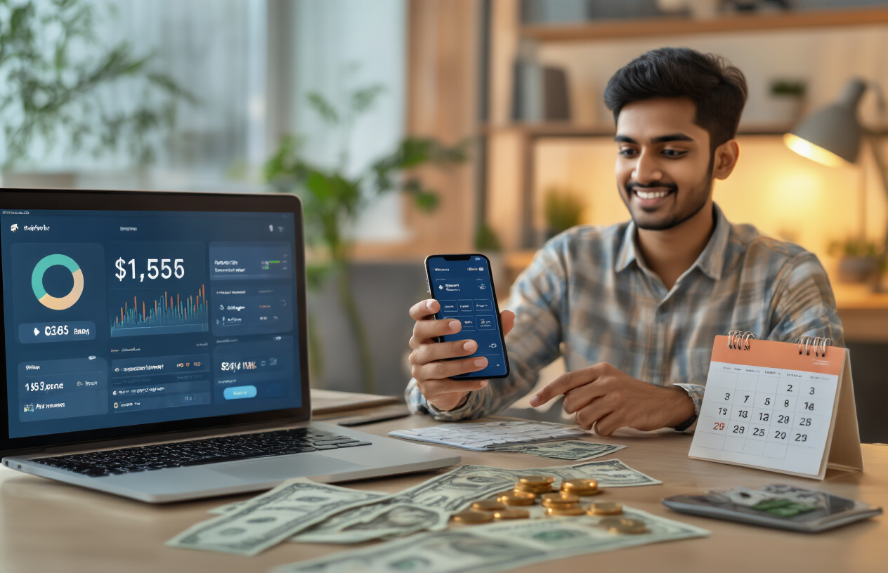 Create a realistic image of a young Indian male sitting at a modern desk with a smartphone in his hands, interacting with a mobile banking app interface showing automated investment settings, with a laptop displaying financial charts in the background, Indian rupee notes and coins scattered on the desk, a calendar showing daily recurring notifications, warm indoor lighting creating a productive atmosphere, clean minimalist office environment with plants, conveying a sense of financial planning and digital investment management, absolutely NO text should be in the scene.
