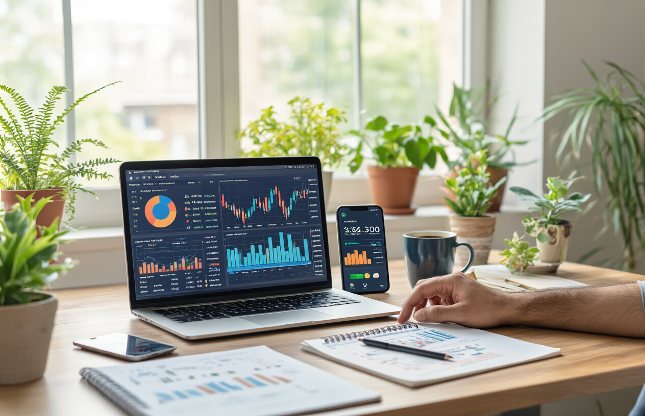Create a realistic image of a young Indian male in his late twenties sitting at a modern desk with a laptop displaying colorful financial charts and graphs, a smartphone showing investment app interfaces, and a notebook with handwritten tracking data, surrounded by small potted plants and a coffee cup, in a well-lit home office with natural sunlight streaming through a window, creating a focused and organized atmosphere that conveys financial planning and portfolio management, absolutely NO text should be in the scene.
