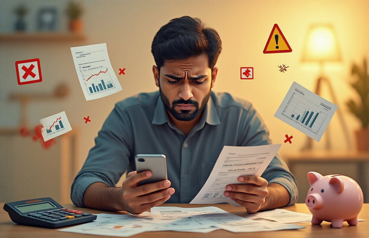Create a realistic image of a concerned Indian male sitting at a desk with financial documents and a smartphone showing investment app, surrounded by warning symbols like red X marks and caution signs floating around him, papers scattered on the desk showing declining graphs and charts, a calculator with error display, and a piggy bank with cracks, warm indoor lighting creating a cautionary atmosphere about financial mistakes, absolutely NO text should be in the scene.