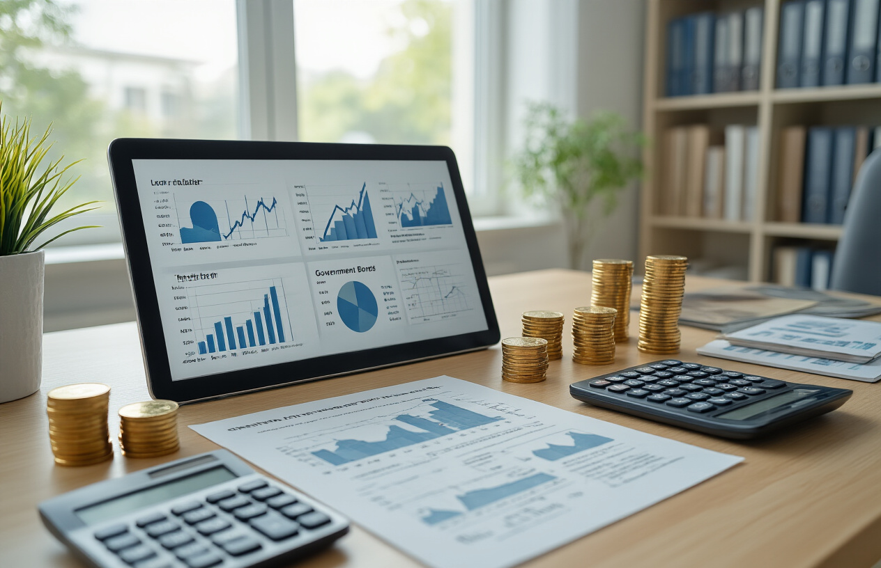 Create a realistic image of a modern financial workspace with a sleek desk displaying various low-risk investment documents, charts showing steady upward trends, a calculator, gold coins, government bonds certificates, and a tablet showing financial graphs, with soft natural lighting from a window, clean minimalist office background with bookshelves containing financial books, conveying a sense of stability and security, Absolutely NO text should be in the scene.