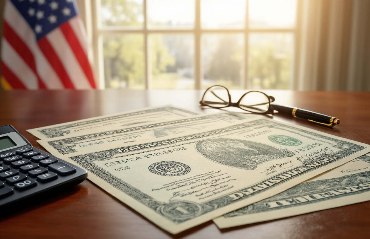 Create a realistic image of official government bonds and treasury securities certificates laid out on a polished wooden desk, with the American flag subtly visible in the background, accompanied by a calculator, reading glasses, and a fountain pen, in a professional office setting with warm natural lighting streaming through a window, creating a trustworthy and secure financial atmosphere that conveys stability and safety, absolutely NO text should be in the scene.