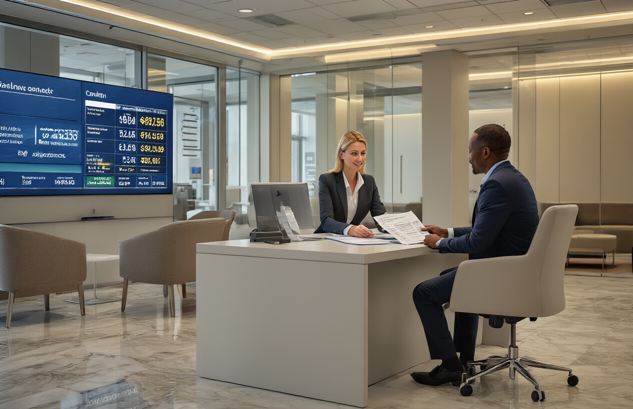 Create a realistic image of a modern bank interior with a professional white female banker sitting at a clean desk, showing financial documents and certificates to a middle-aged black male client, with a digital display screen in the background showing savings account interest rates and CD terms, warm professional lighting, polished marble floors, contemporary banking atmosphere with glass partitions and comfortable seating area, conveying trust and financial security, absolutely NO text should be in the scene.