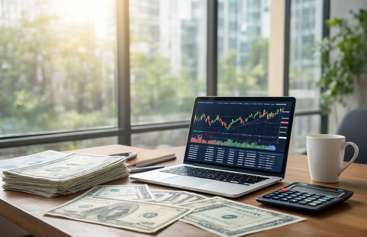 Create a realistic image of a polished wooden desk with scattered stock certificates and dividend check stubs from well-known blue chip companies, a sleek laptop displaying colorful stock charts with upward trending lines, a stack of financial newspapers, a calculator, and a coffee cup, set in a bright modern office environment with natural lighting streaming through large windows, conveying a sense of stability and professional investment management, absolutely NO text should be in the scene.