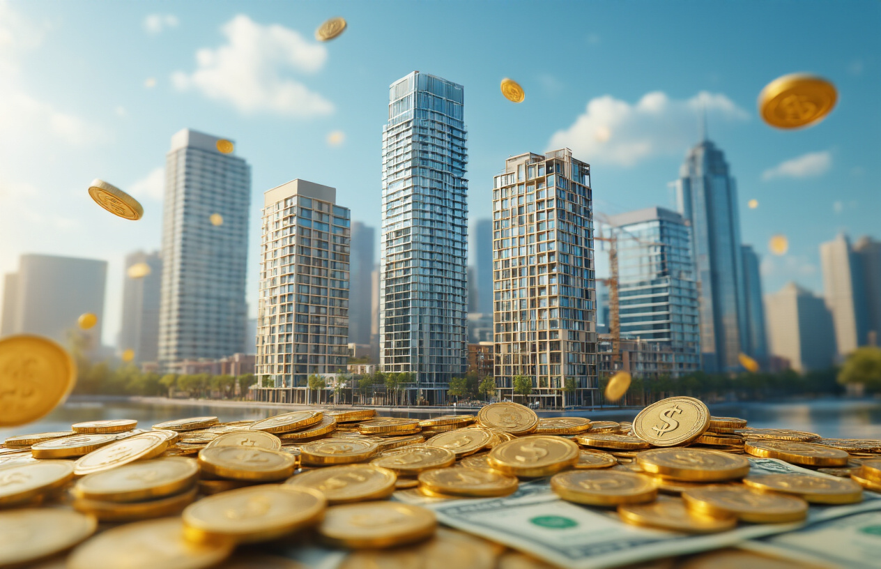 Create a realistic image of modern residential and commercial buildings including apartment complexes, office towers, and retail spaces arranged in an urban skyline, with golden coins and dollar bills floating gently in the foreground, soft natural lighting creating a warm and prosperous atmosphere, blue sky background with few white clouds, professional photography style with shallow depth of field focusing on the buildings while coins appear slightly blurred, conveying stability and growth, absolutely NO text should be in the scene.
