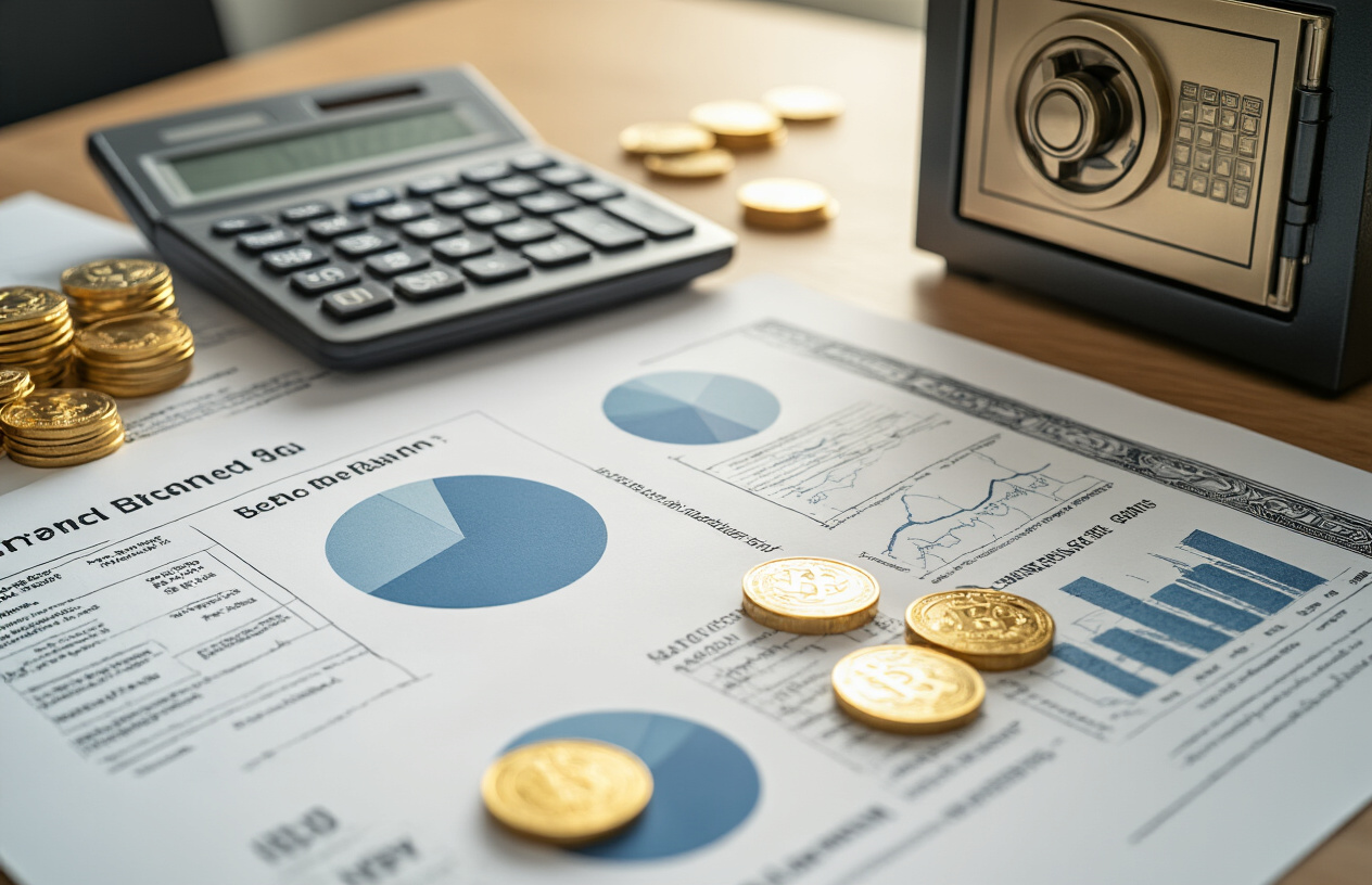 Create a realistic image of a clean, modern office desk from above showing financial planning materials including pie charts and allocation graphs on white papers, a sleek calculator, gold coins, government bonds certificates, and a protective safe or vault in the background, with soft natural lighting creating a professional and secure atmosphere that conveys financial safety and strategic planning, absolutely NO text should be in the scene.
