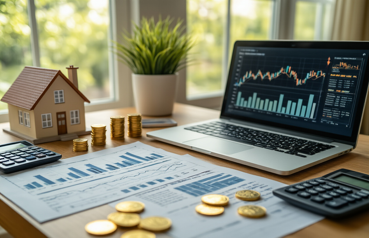 Create a realistic image of a peaceful home office desk setup with financial documents, charts showing steady upward growth trends, a calculator, gold coins, a small house model, and government bond certificates neatly arranged on a wooden desk, with a laptop displaying investment portfolio graphs, warm natural lighting from a window, creating a calm and secure atmosphere that conveys financial stability and smart investment planning, absolutely NO text should be in the scene.