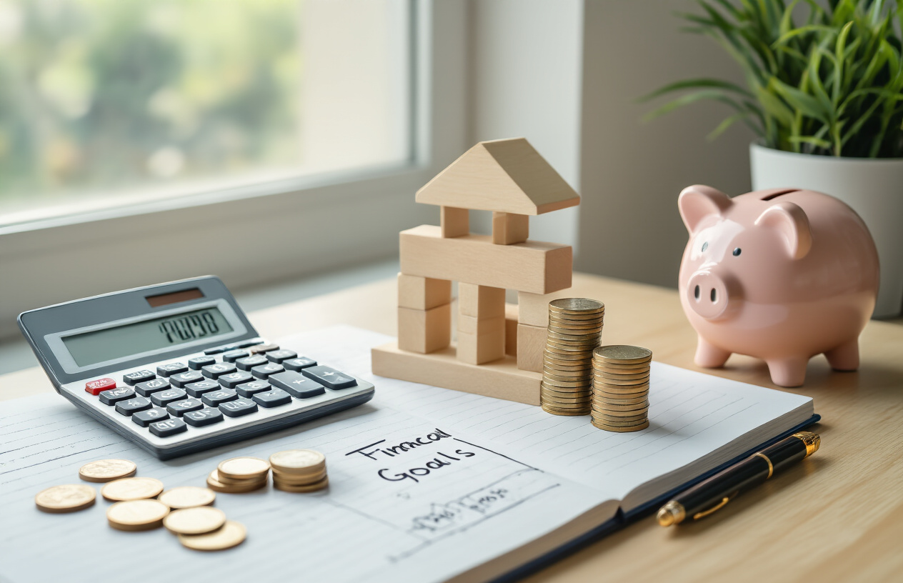 Create a realistic image of a clean, modern desk setup with financial planning materials including a calculator, notebook with written goals, small stacks of coins, a piggy bank, and building blocks arranged to represent a foundation, all bathed in soft natural lighting from a window, conveying a mood of organization and purposeful planning for financial success, absolutely NO text should be in the scene.