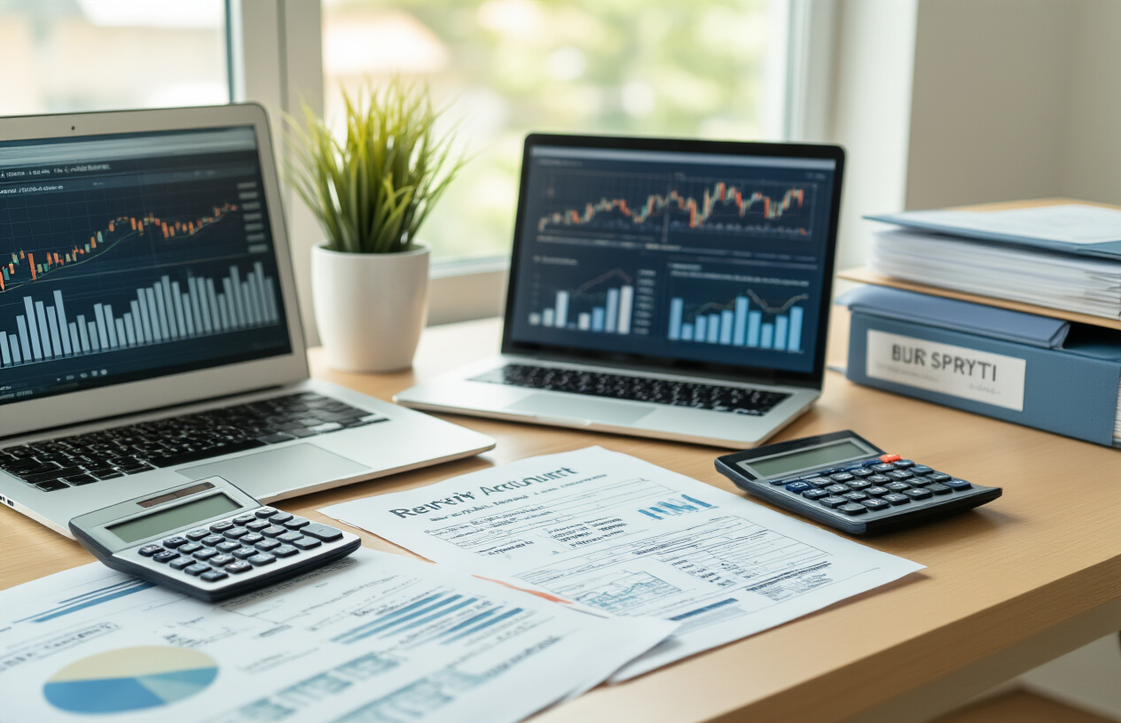 Create a realistic image of a clean, modern desk setup with financial documents spread out showing retirement account statements, tax forms, and investment charts, alongside a calculator, laptop displaying financial graphs, and organized file folders labeled for different account types, set in a bright office environment with natural lighting from a window, conveying a professional and organized approach to financial planning, absolutely NO text should be in the scene.