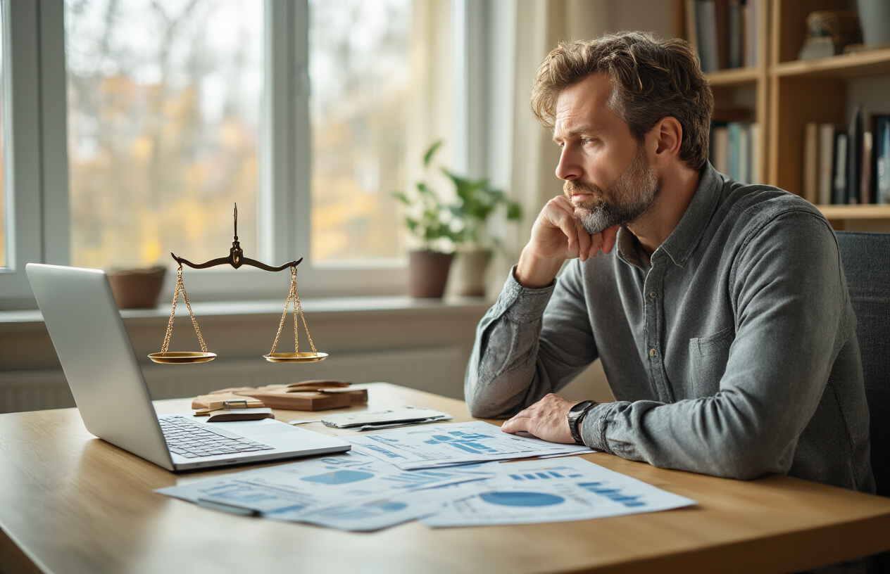 Create a realistic image of a white male in his 30s sitting at a modern desk with a laptop, looking thoughtful while reviewing financial documents and charts spread across the surface, with a scale or balance symbol visible on the desk representing risk assessment, warm natural lighting from a window, professional home office setting with bookshelves in the background, calm and contemplative mood, absolutely NO text should be in the scene.