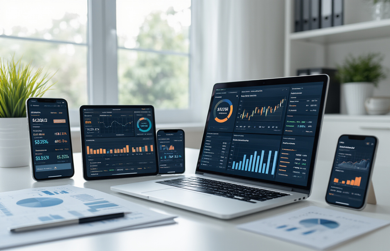 Create a realistic image of multiple smartphone and tablet screens displaying different investment account interfaces and portfolio dashboards arranged on a clean white desk, with a modern laptop showing a consolidated investment tracking spreadsheet, surrounded by financial documents and charts, bright natural lighting from a window, professional office environment with a minimalist aesthetic, depicting the process of organizing and streamlining multiple investment accounts into a cohesive system, absolutely NO text should be in the scene.