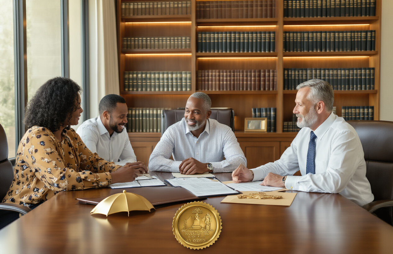 Create a realistic image of a professional middle-aged white male financial advisor sitting across from a diverse family including a black female and white male couple in their 40s at a polished wooden conference table, with estate planning documents, a golden family trust seal, and a protective umbrella symbol subtly placed on the table, set in a modern law office with warm lighting, bookshelves filled with legal volumes in the background, conveying security and wealth protection, absolutely NO text should be in the scene.
