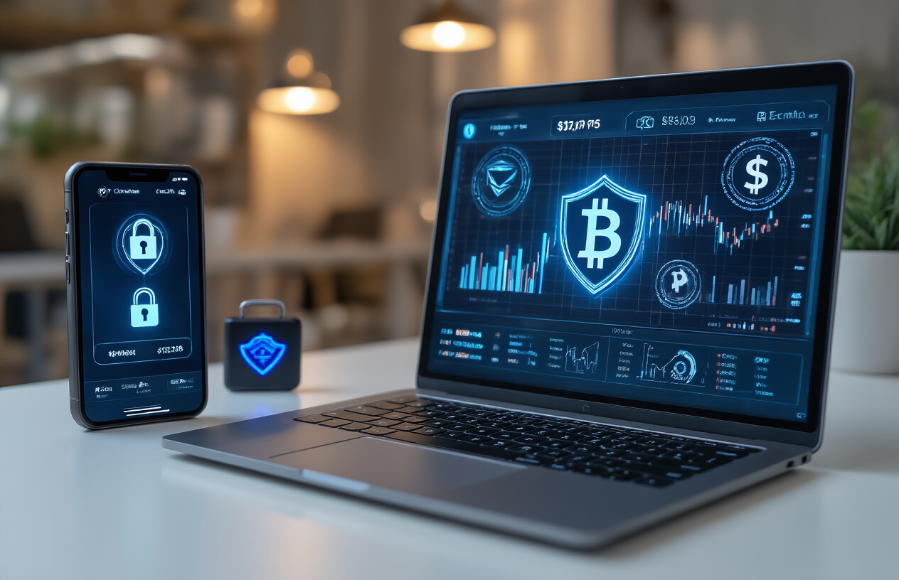 Create a realistic image of a modern laptop computer displaying a digital dashboard with cryptocurrency symbols and investment portfolio charts, alongside a smartphone showing a secure banking app with shield icons and padlock symbols, both devices placed on a clean white desk with a hardware wallet device and subtle blue LED security lights in the background, professional office lighting with a calm and secure atmosphere, absolutely NO text should be in the scene.