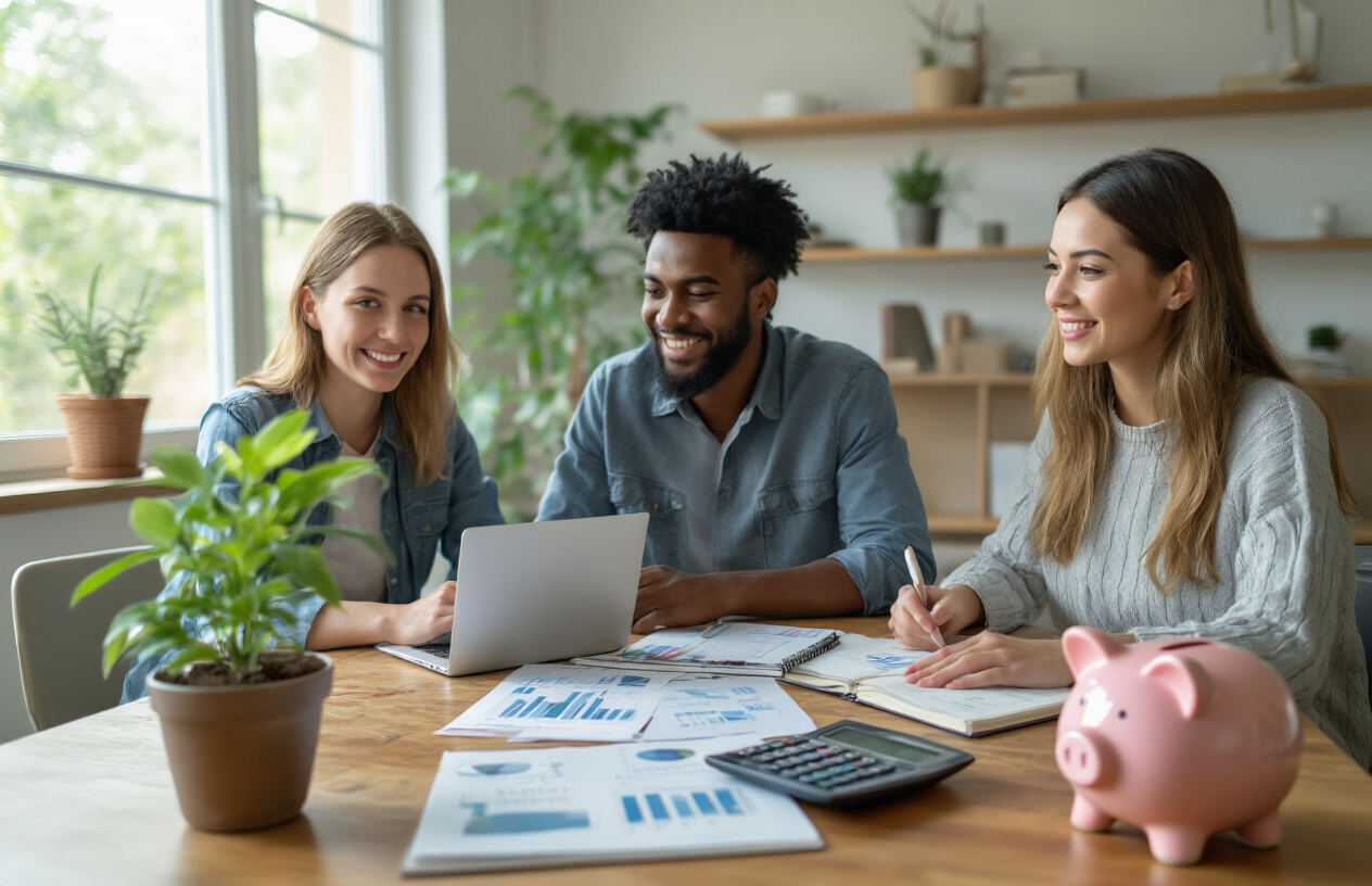 Create a realistic image of a diverse group of young adults in their 20s and 30s including a white female, black male, and Asian female sitting around a modern wooden table with laptops, notebooks, and financial documents spread out, with visual representations of long-term wealth building concepts like a small potted plant symbolizing growth, a piggy bank, calculator, and investment charts in the background, set in a bright, well-lit contemporary home office or study space with natural lighting from large windows, conveying a focused and optimistic mood about financial planning and wealth building habits, absolutely NO text should be in the scene.