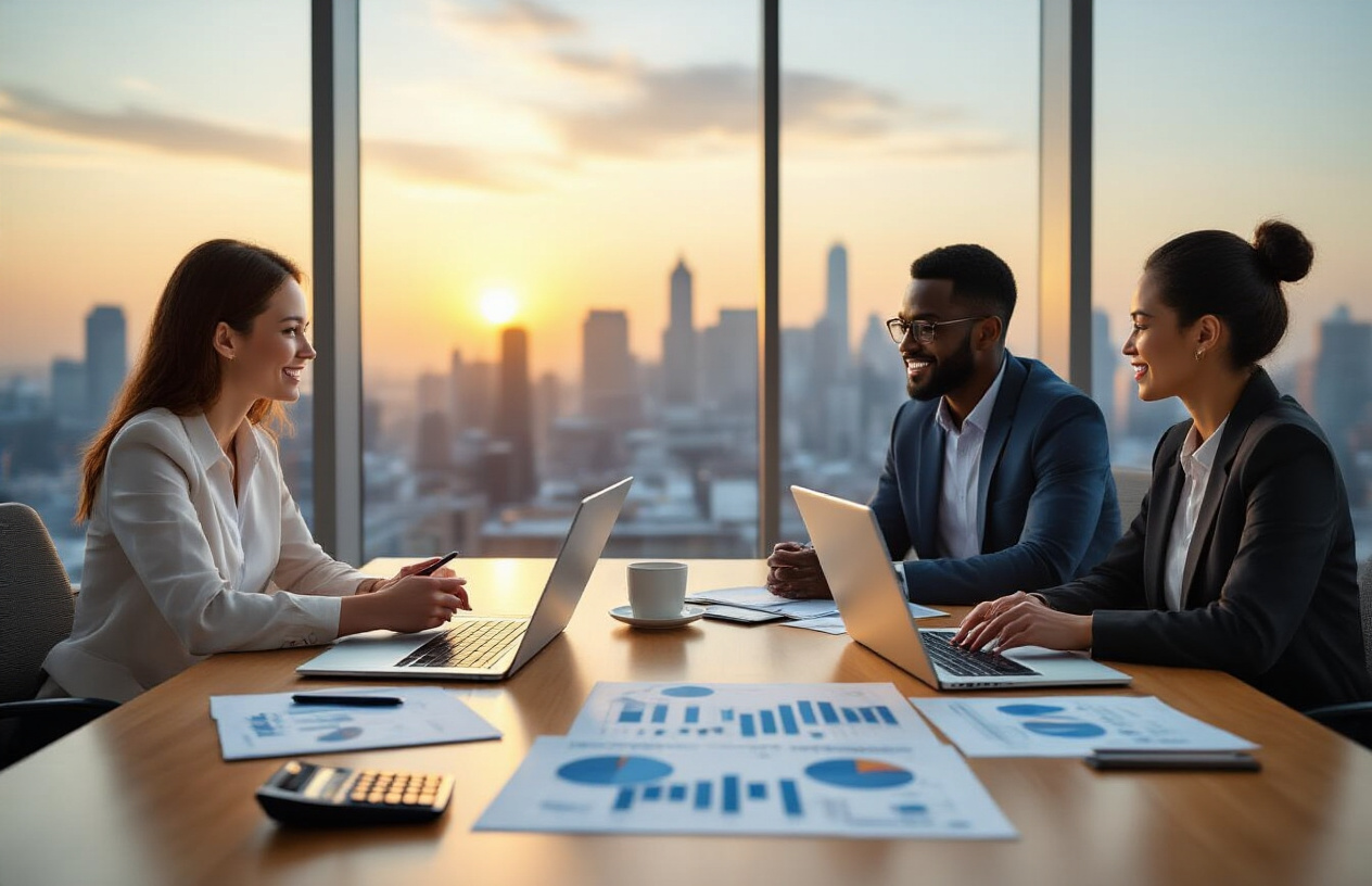 Create a realistic image of a diverse group of people including a white female, black male, and Asian female sitting around a modern conference table with laptops, financial charts, and investment documents spread across the surface, with a large window in the background showing a city skyline during golden hour lighting, conveying success and achievement through their confident expressions and professional attire, with subtle elements like a calculator, pen, and coffee cups on the table, warm natural lighting creating an optimistic and accomplished atmosphere. Absolutely NO text should be in the scene.