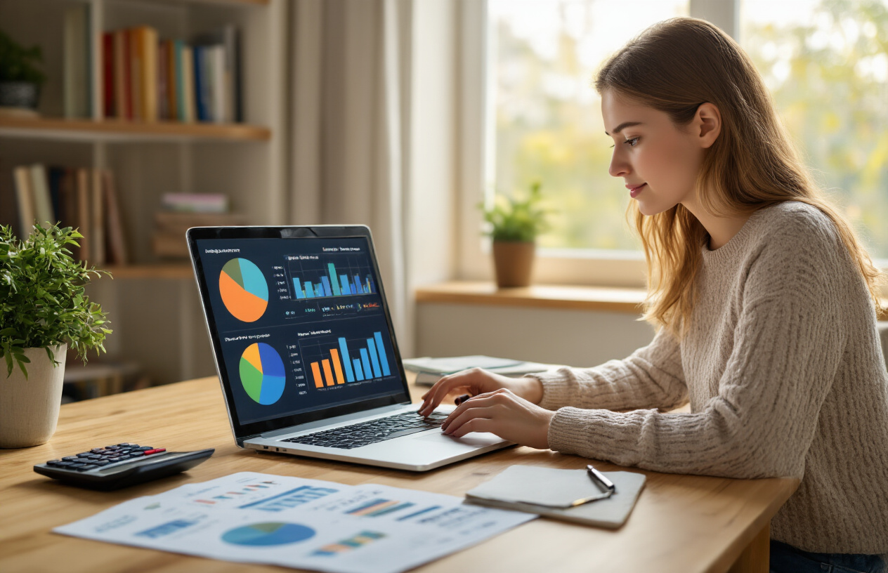 Create a realistic image of a young white female beginner investor sitting at a clean wooden desk with a laptop open, looking at colorful pie charts and bar graphs on the screen representing index fund portfolios, with physical documents about investment basics spread on the desk, a calculator and notepad nearby, warm natural lighting from a window, professional home office setting with bookshelves in the background, focused and learning atmosphere, absolutely NO text should be in the scene.