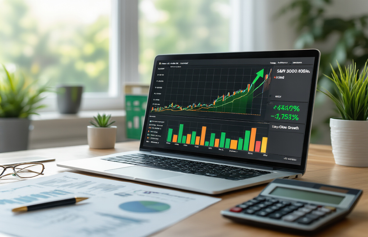 Create a realistic image of a modern financial dashboard or computer screen displaying colorful upward-trending line graphs and bar charts representing S&P 500 index fund performance, with green ascending arrows and percentage growth indicators, set against a clean office desk with a sleek laptop, calculator, and financial documents scattered around, soft natural lighting from a window creating a professional atmosphere, focus on the data visualization showing strong market performance, absolutely NO text should be in the scene.