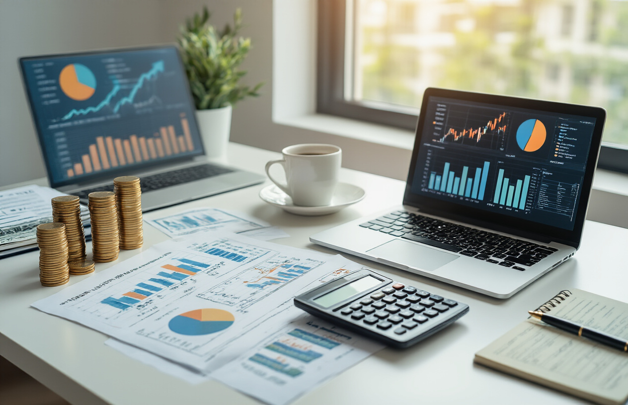 Create a realistic image of a modern office desk scene featuring financial documents, charts showing steady upward trends, dividend payment statements, and a calculator, with a laptop displaying colorful pie charts and bar graphs representing index fund performance, stacks of coins and dollar bills arranged neatly, a coffee cup, and a notepad with investment calculations, set against a clean white desk with warm natural lighting from a window, creating a professional and optimistic atmosphere that conveys financial growth and stability, absolutely NO text should be in the scene.