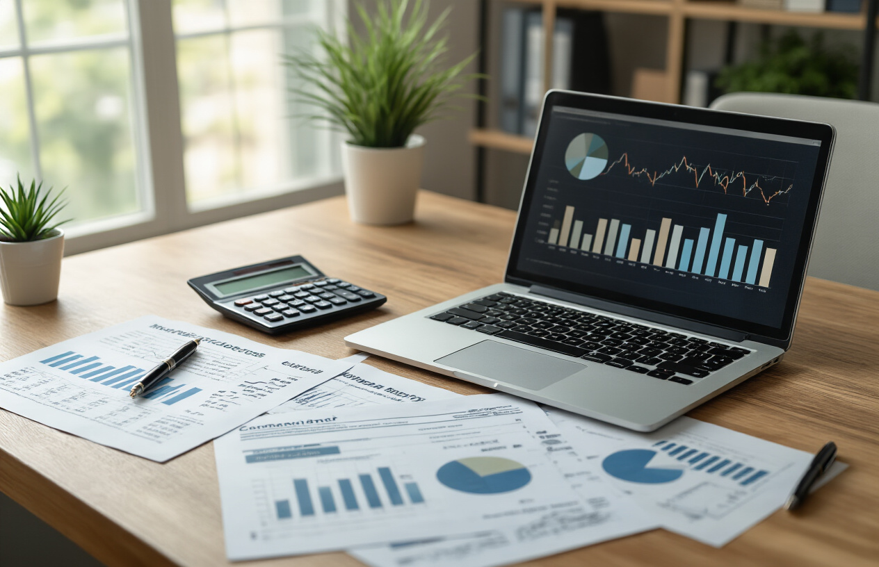 Create a realistic image of a clean, modern workspace with financial documents spread across a wooden desk including stock charts, company reports, and investment guides, a calculator and pen nearby, a laptop displaying simple bar graphs and pie charts representing portfolio diversification, soft natural lighting from a window, professional and educational atmosphere conveying stability and careful analysis, absolutely NO text should be in the scene.
