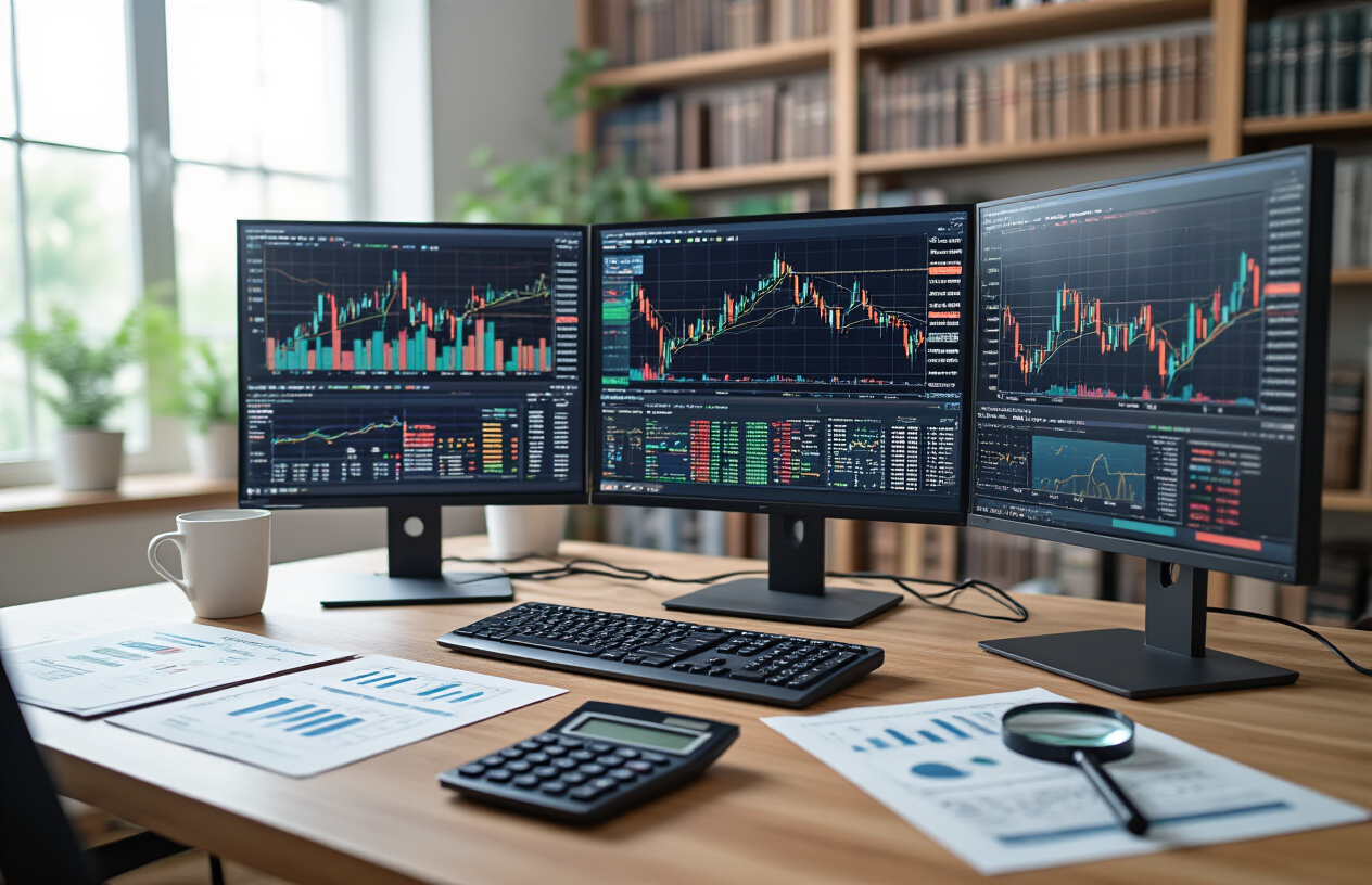 Create a realistic image of a professional financial analysis workspace featuring a modern desk with multiple computer monitors displaying colorful stock charts, graphs, and financial data visualizations, a calculator, financial documents, and a magnifying glass positioned over printed stock reports, with a clean office background featuring bookshelves filled with financial publications, soft natural lighting from a window creating a focused and analytical atmosphere, emphasizing precision and careful evaluation in stock research, absolutely NO text should be in the scene.