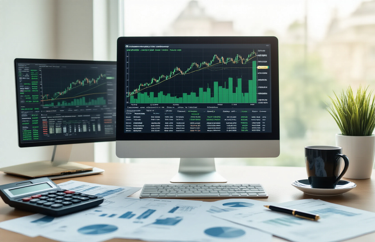 Create a realistic image of a modern financial workspace showing a computer screen displaying stock market charts with upward trending graphs in green, surrounded by financial documents and reports scattered on a clean desk, with a calculator, pen, and coffee cup nearby, soft natural lighting from a window creating a professional atmosphere, focus on stability symbols like blue-chip company logos and dividend-focused investment portfolios visible on papers, warm and confident mood suggesting secure investment strategies, absolutely NO text should be in the scene.