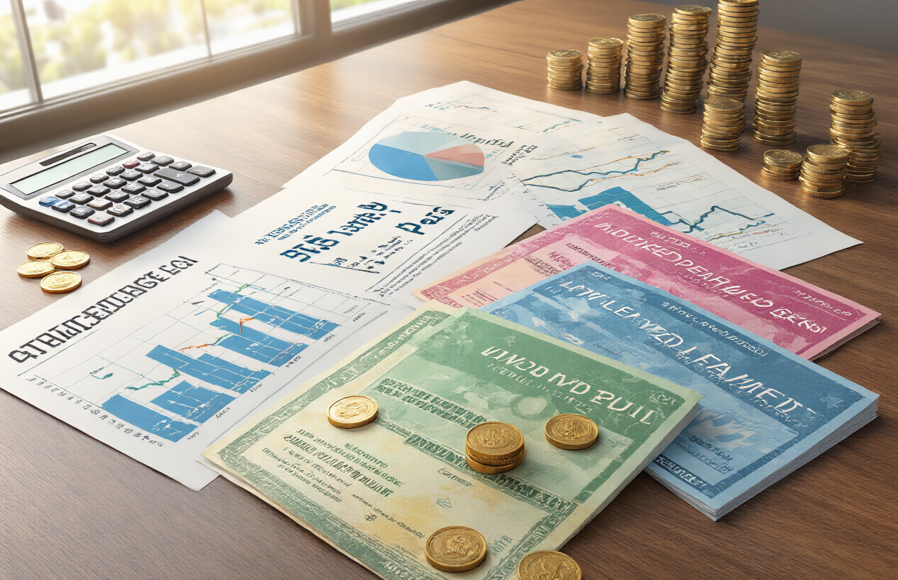 Create a realistic image of multiple colorful ETF certificates and dividend payment documents spread across a polished wooden desk, with a calculator, financial charts showing upward trending lines, and stacks of coins representing dividend income, surrounded by a professional office environment with soft natural lighting from a window, creating a trustworthy and prosperous atmosphere that conveys stable investment returns and diversified portfolio management, absolutely NO text should be in the scene.