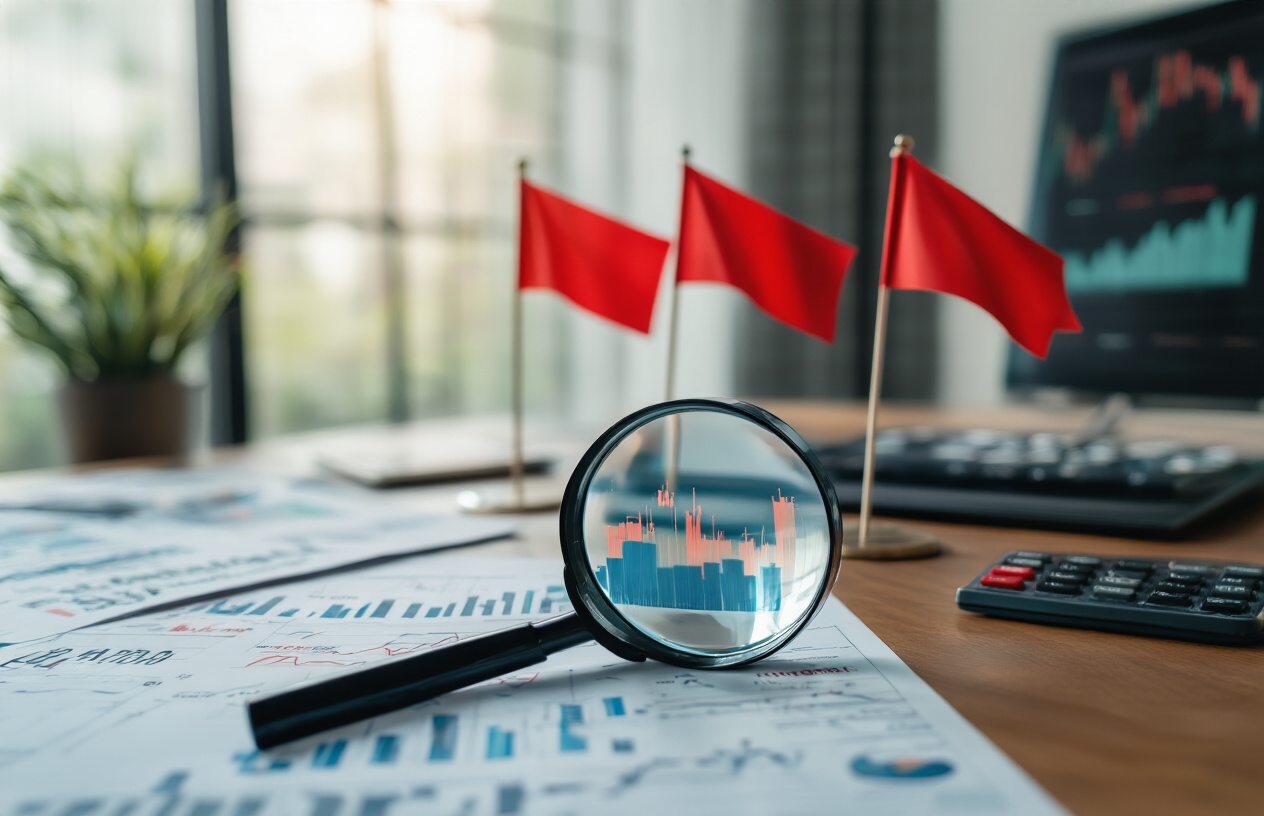 Create a realistic image of red warning flags on flagpoles positioned among stock market charts and financial documents spread across a desk, with a magnifying glass highlighting concerning financial data points, set in a modern office environment with soft natural lighting from a window, creating a cautionary yet professional atmosphere that conveys the importance of identifying investment risks, absolutely NO text should be in the scene.