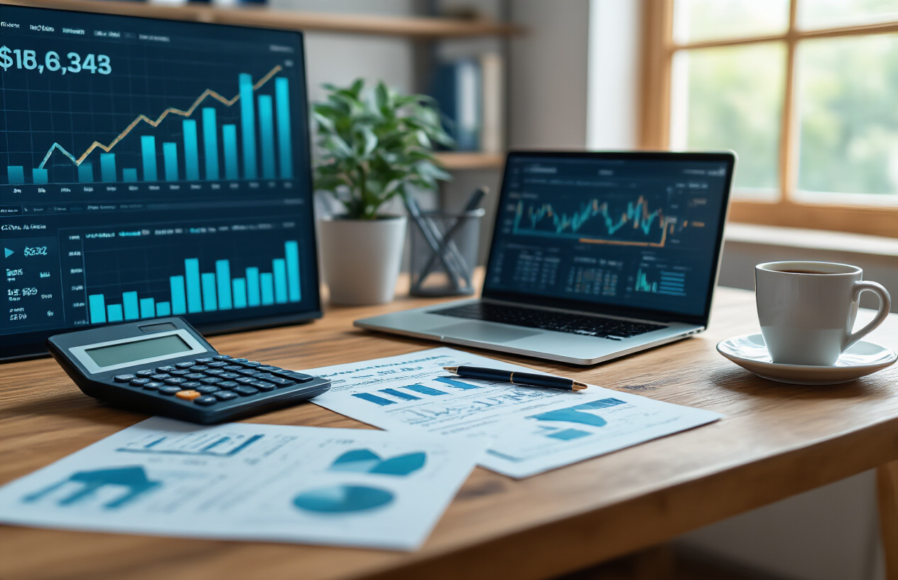 Create a realistic image of a professional workspace showing a clean wooden desk with financial documents, charts displaying stable upward trends, a calculator, and a modern laptop displaying portfolio analytics, with blue and green color schemes suggesting stability and growth, soft natural lighting from a window creating a calm and confident atmosphere, scattered but organized investment research papers showing diversified stock symbols, and a coffee cup suggesting focused work session, with absolutely NO text should be in the scene.