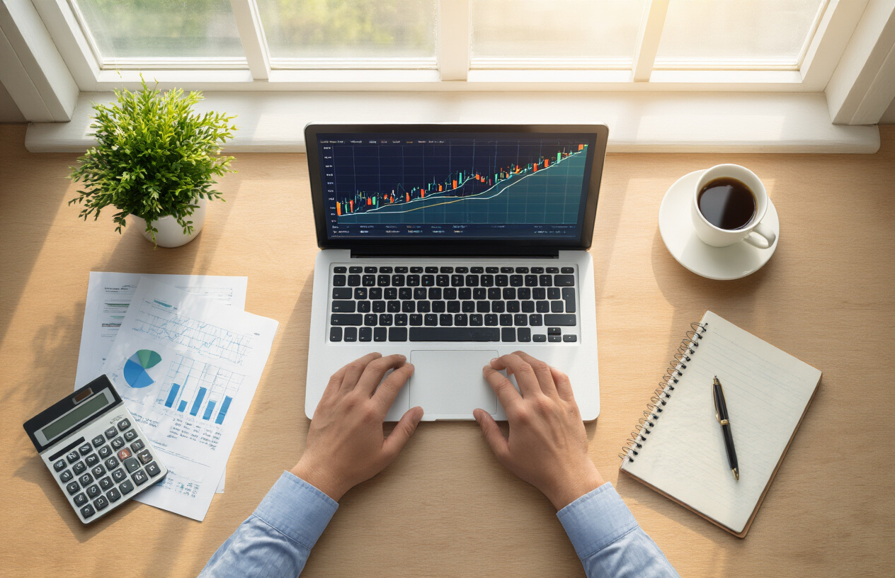 Create a realistic image of a modern, clean wooden desk from above showing a laptop computer displaying colorful financial charts and graphs with upward trending lines, surrounded by organized financial documents, a calculator, a cup of coffee, a notebook with a pen, and a small potted green plant, with soft natural lighting from a window creating a calm and professional atmosphere that conveys successful low-risk investment planning and financial security, absolutely NO text should be in the scene.