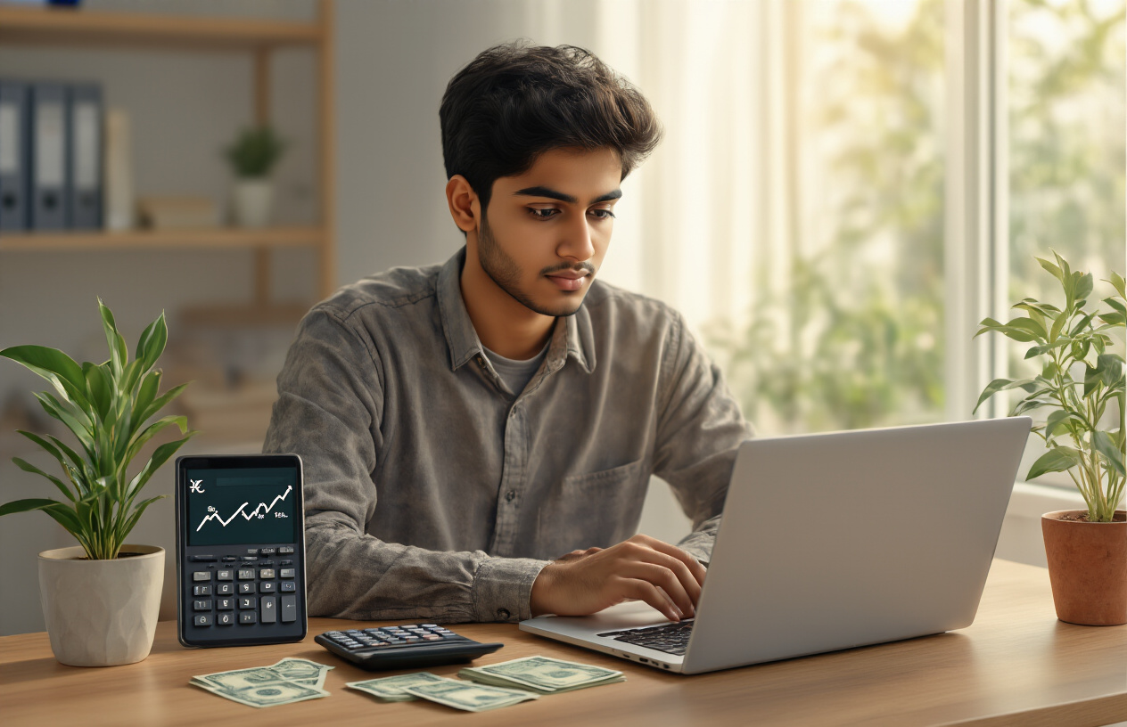 Create a realistic image of a young South Asian male in his twenties sitting at a modern desk with a laptop, calculator, and small stack of Indian rupee notes (₹5,000) neatly arranged beside a small potted plant, with a smartphone displaying a simple upward trending graph, warm natural lighting from a nearby window creating a hopeful and encouraging atmosphere, clean minimalist background suggesting a home office or study space, the person appears calm and focused while reviewing investment materials, Absolutely NO text should be in the scene.