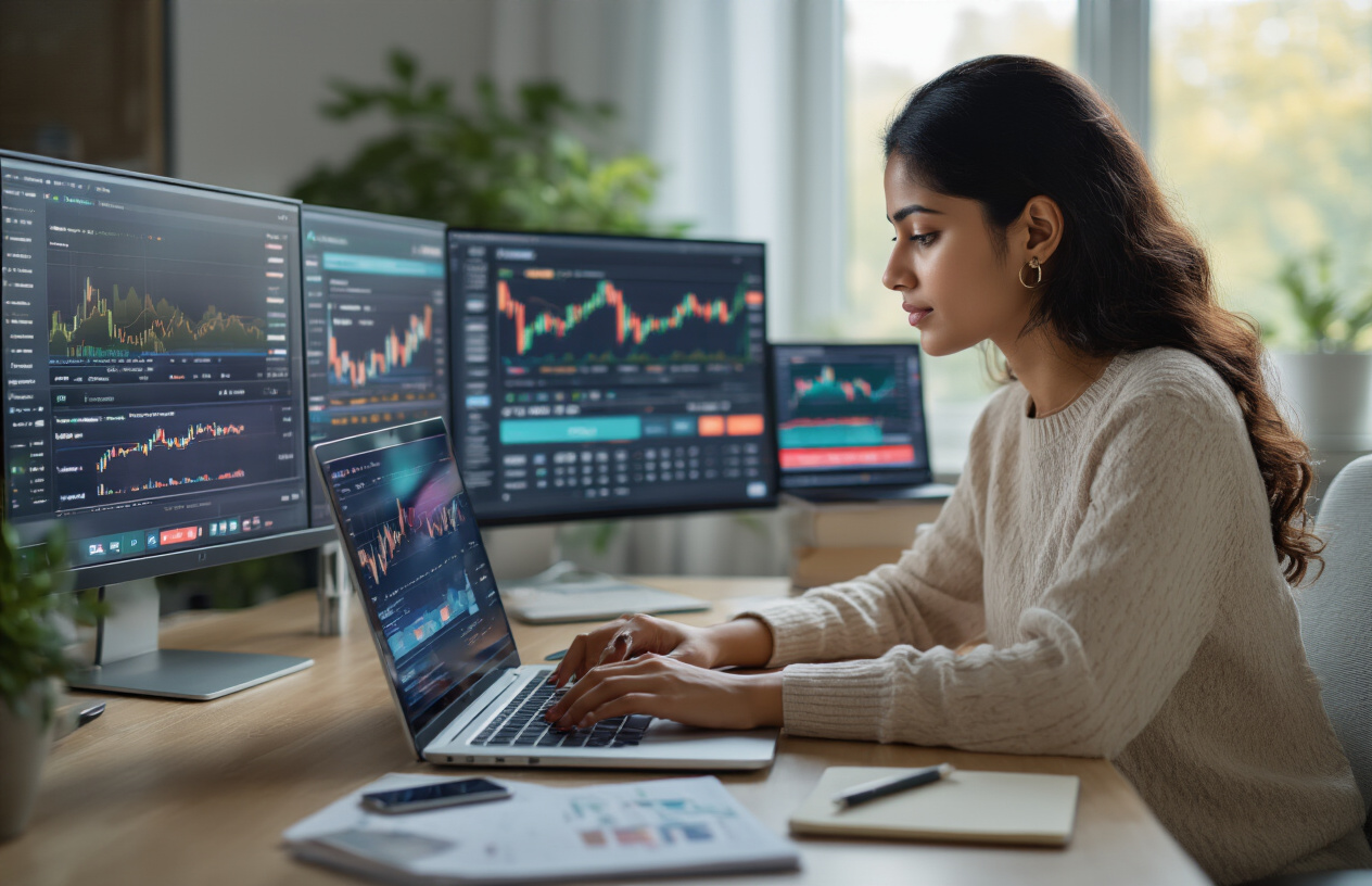 Create a realistic image of a young Indian female sitting at a modern desk with a laptop open, comparing different investment platform interfaces on multiple screens, with smartphone showing trading apps nearby, clean modern office environment with soft natural lighting from a window, professional yet approachable atmosphere, financial charts and graphs visible on screens, organized workspace with notebooks and pen, warm ambient lighting creating a focused learning environment, absolutely NO text should be in the scene.