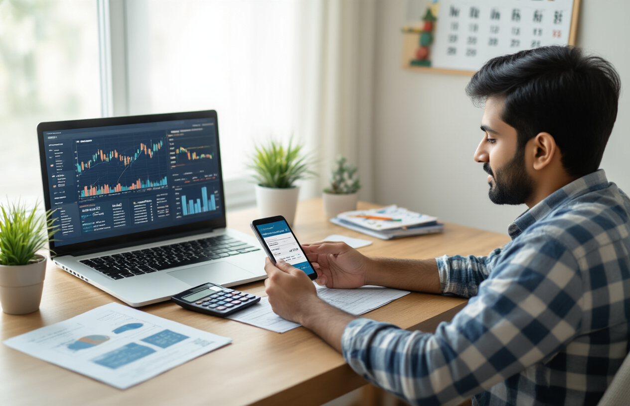 Create a realistic image of a modern Indian middle-class living room where a young Indian male is sitting at a clean wooden desk with a laptop open, showing investment charts and graphs on the screen, while he holds a smartphone displaying a mobile banking app, with organized financial documents, a calculator, and a small potted plant on the desk, soft natural lighting coming through a window, creating a focused and productive atmosphere for financial planning, with a calendar on the wall showing monthly dates, absolutely NO text should be in the scene.