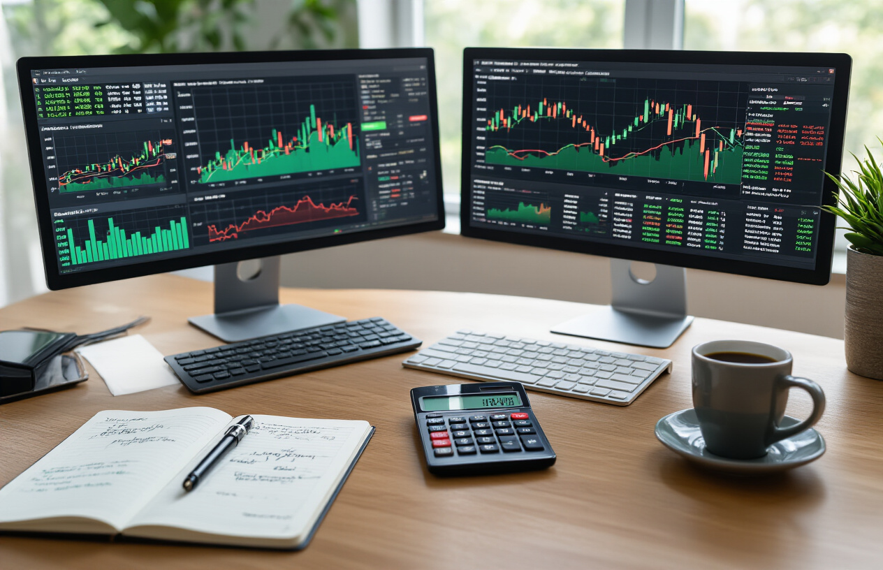 Create a realistic image of a modern workspace showing multiple computer monitors displaying colorful financial charts, graphs, and ETF performance dashboards with green and red trend lines, a smartphone showing investment tracking app interface, a calculator, notebook with handwritten notes, and a cup of coffee on a clean wooden desk, with soft natural lighting from a window creating a professional and focused atmosphere for investment analysis, absolutely NO text should be in the scene.