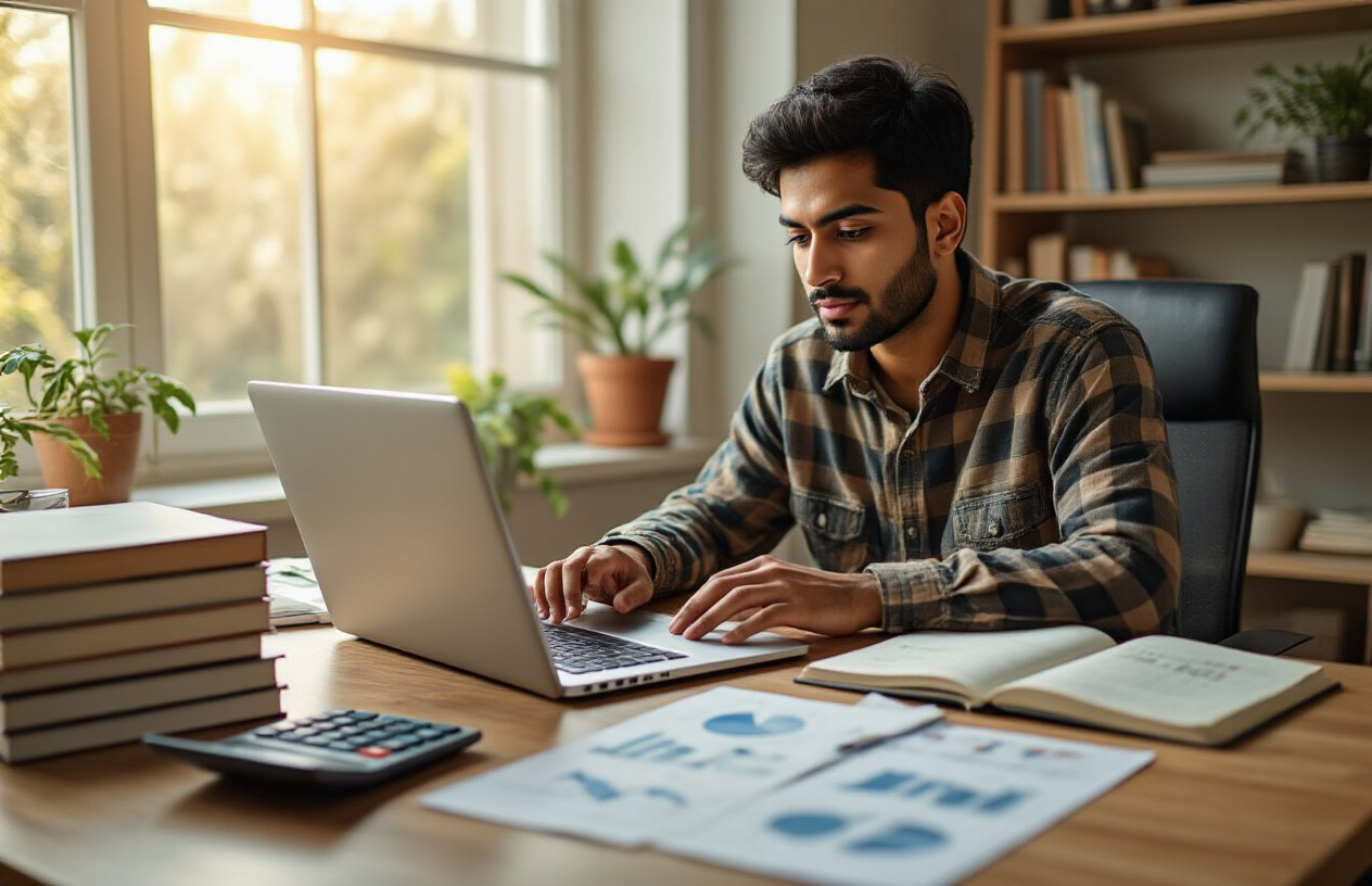 Create a realistic image of a young South Asian male in his late twenties sitting at a modern desk with an open laptop, multiple financial books stacked nearby, a notebook with handwritten notes, a calculator, and financial charts or graphs spread across the workspace, in a well-lit home office or study room with warm natural lighting from a window, creating a focused and educational atmosphere that conveys learning and building investment knowledge, absolutely NO text should be in the scene.