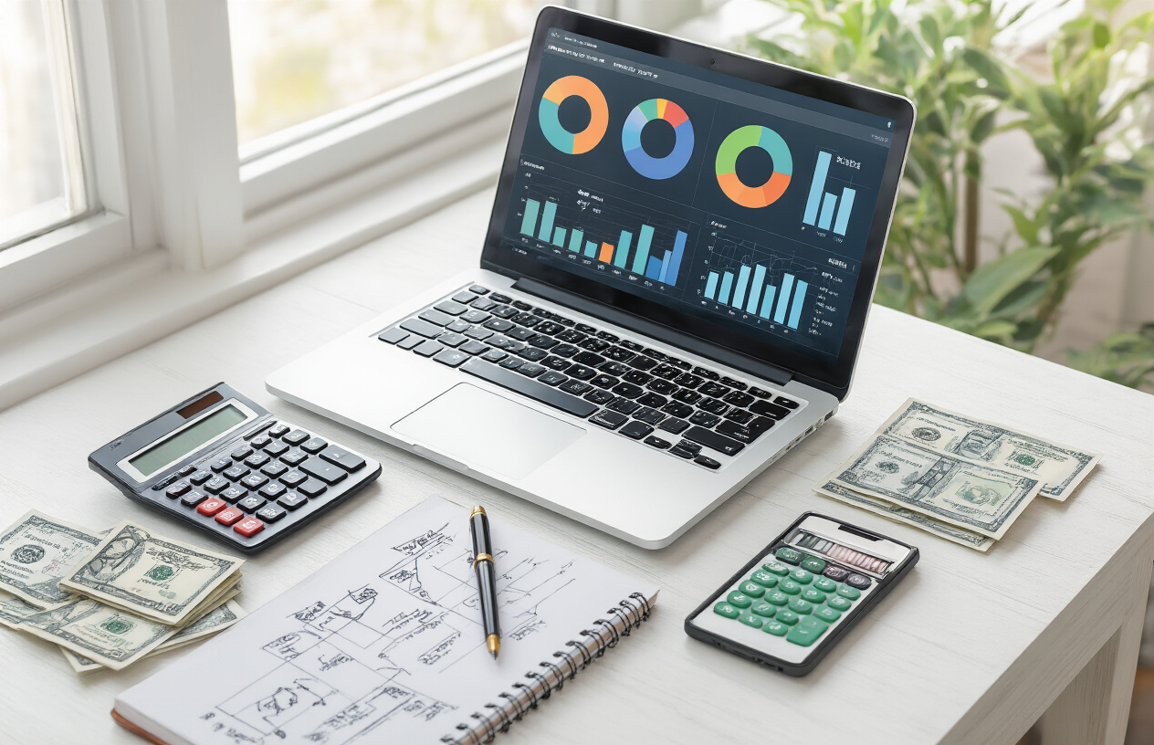 Create a realistic image of a clean, modern desk setup with a laptop displaying colorful pie charts and bar graphs showing portfolio allocation percentages, surrounded by Indian rupee notes (₹500 and ₹100 denominations) neatly arranged, a calculator, a notebook with hand-drawn investment diagrams, and a smartphone showing financial apps, all placed on a white wooden desk with soft natural lighting from a nearby window, creating a professional and organized atmosphere for financial planning. Absolutely NO text should be in the scene.