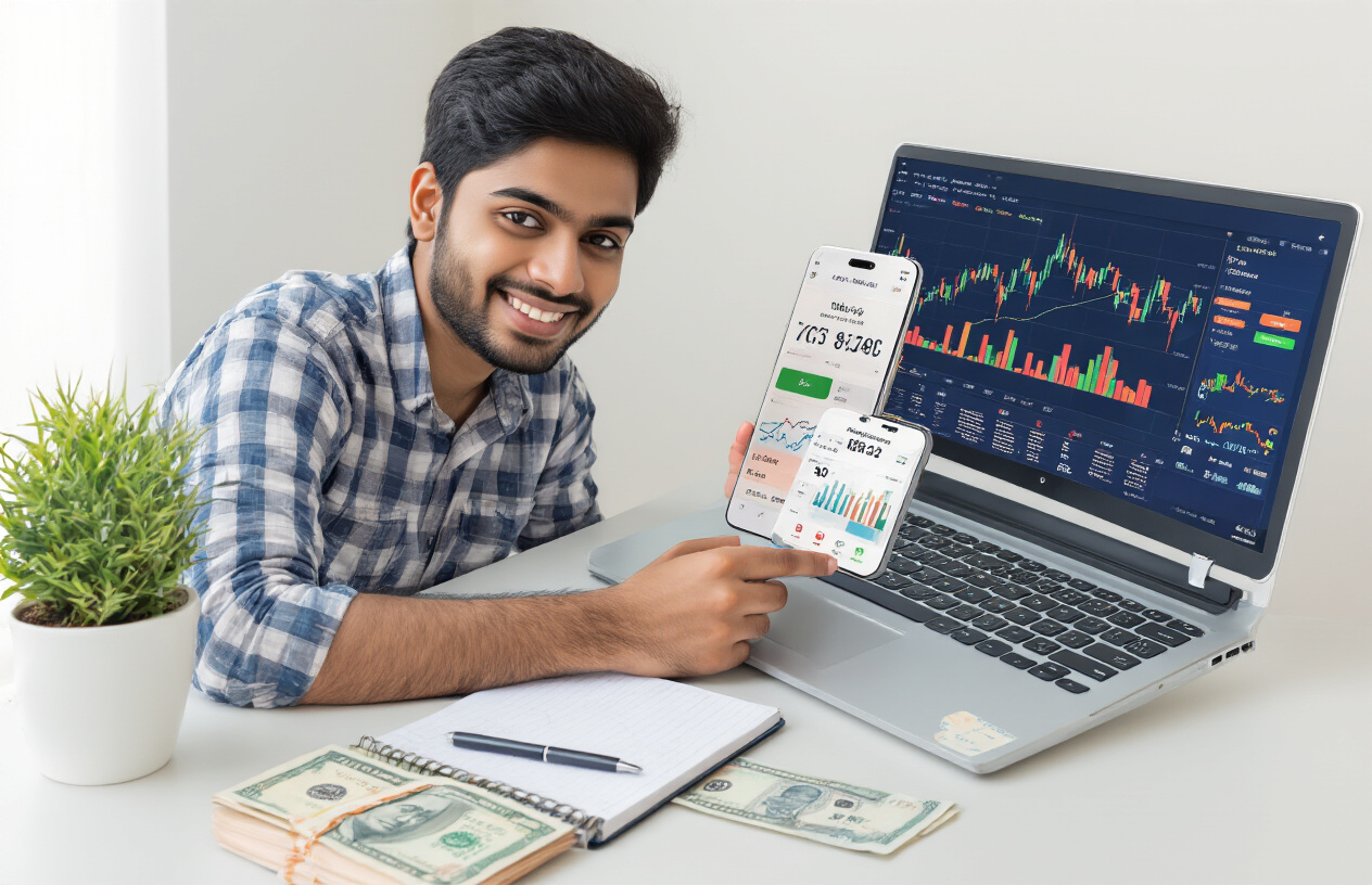 Create a realistic image of a young Indian male in his late twenties sitting at a modern desk with a laptop open showing colorful investment charts and graphs, a smartphone displaying a financial app interface, a small potted plant, a notebook with a pen, and Indian rupee notes (₹500 denomination) arranged neatly beside the laptop, with a clean white wall background featuring subtle natural lighting from a window, conveying a sense of financial success and organized investment planning, with the person showing a confident and satisfied expression while reviewing his investment portfolio, absolutely NO text should be in the scene.