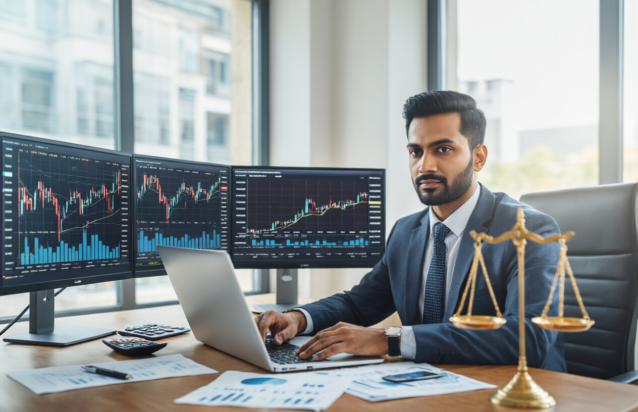 Create a realistic image of a professional Indian male businessman in his 30s sitting at a modern desk with a laptop, analyzing financial charts and graphs on multiple screens showing upward trending stock market data, with a balanced scale symbol prominently displayed nearby representing risk-reward balance, set in a bright modern office environment with natural lighting from large windows, including scattered financial documents and a calculator on the desk, conveying a sense of strategic financial planning and analysis, absolutely NO text should be in the scene.