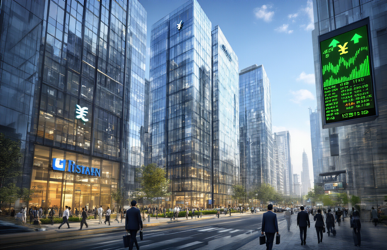 Create a realistic image of modern Indian banking and financial district with tall glass office buildings displaying corporate logos of major banks, a bustling financial street scene with Indian businesspeople in formal attire walking with briefcases and tablets, stock market digital displays showing green upward trending arrows and numbers on building facades, Indian rupee currency symbols subtly integrated into the architectural elements, professional urban atmosphere with clear blue sky and natural daylight, sleek contemporary banking headquarters with reflective surfaces, absolutely NO text should be in the scene.